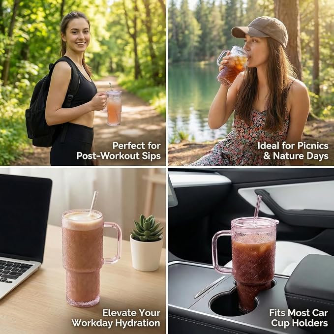 20 oz Pink Glass Tumbler with Lid and Straw, Glass Iced Coffee Cups, - Image 5