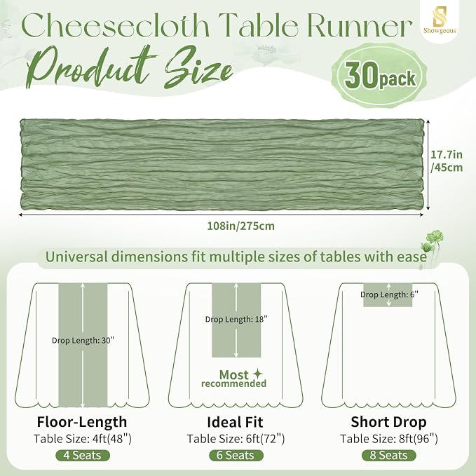 Showgeous 30 Pack Sage Green Cheesecloth Table Runner, 17 x 108 Inches | Boho - Image 2