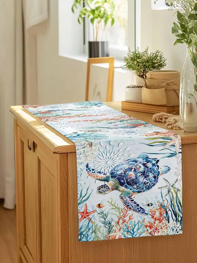 Sea Turtle Coastal Table Runners 36 Inches Long, Summer Beach Coral Table - Image 7