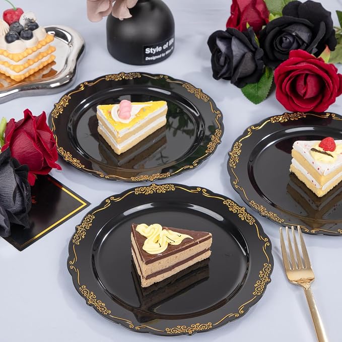 DaYammi 60PCS Black and Gold Plastic Plates, Heavy Duty Black and Gold - Image 8