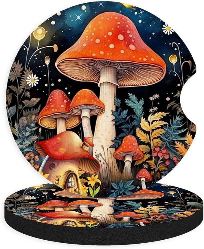 2pcs Cute Red Mushrooms Car Coasters, Absorbent Universal neoprener Cup Holder by Unknown
