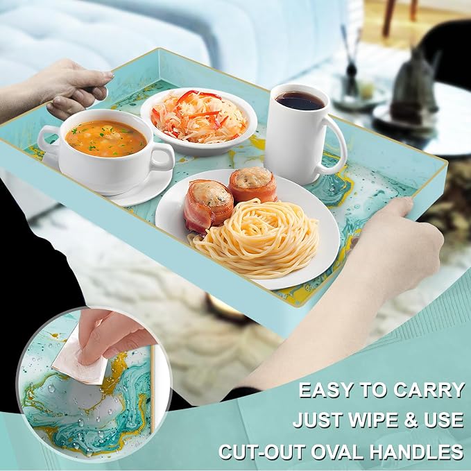 Turquoise Serving Tray with Handles, Plastic Decorative Tray | Green Coffee - Image 3