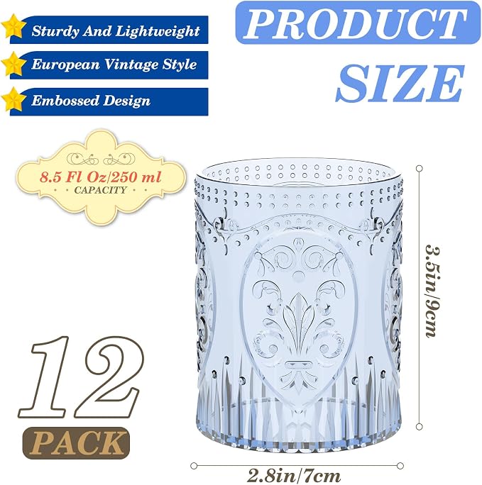 Qinyoung 12 Plastic Vintage Drinking Glasses 8.5oz Stemless Retro Embossed Wine - Image 3