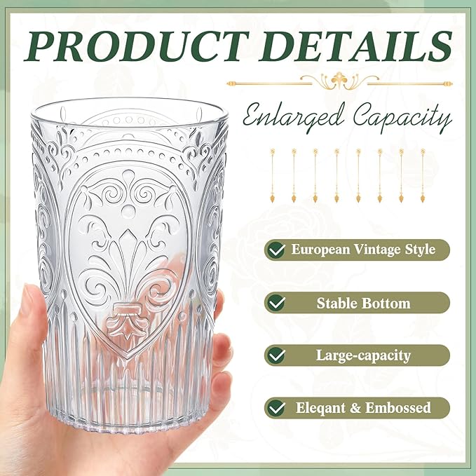 100 Pcs 16 oz Plastic Vintage Drinking Glasses Stemless Ribbed Highball Glasses - Image 2
