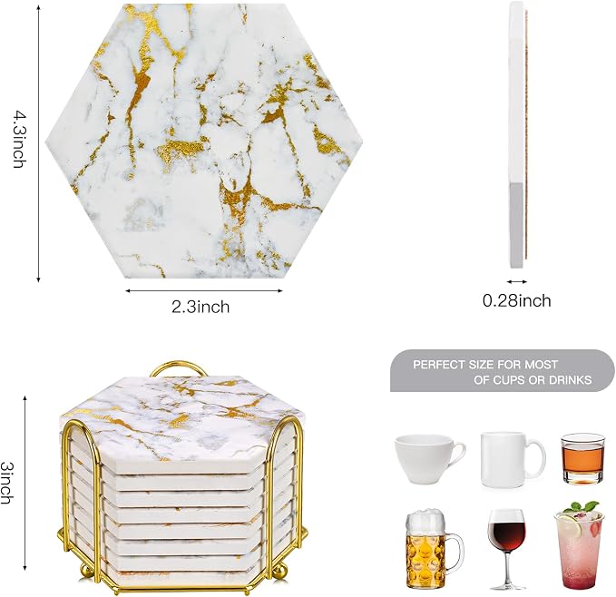 Real Natural Marble Coasters Set of 8, Luxury 4 Colors Gold Aesthetic Modern - Image 4