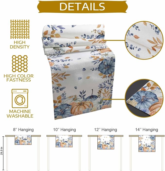 Blue Pumpkin Fall Table Runner 70 Inches Long, Thanksgiving Floral Eucalyptus - Image 8