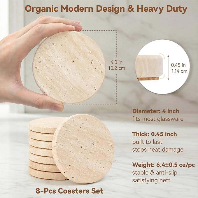 Natural Travertine Stone Coasters Set of 8, Warm Beige, Cork Backing, Stylish & - Image 4