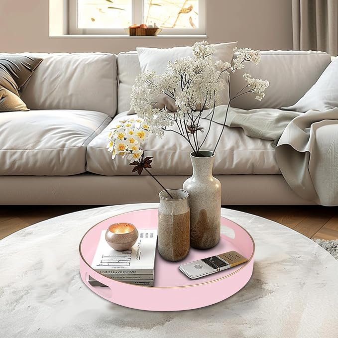 13" Pink Decorative Tray, Plastic Round Serving Tray - Image 6