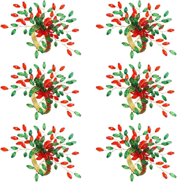 ITOS365 Handcrafted Beaded Napkin Rings Set of 12 – Red & Green Crystal Flower - Image 5