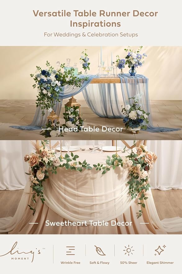 Ling's Moment 14Ft Brown Table Runner, Wedding Sheer Chiffon Table Runners | - Image 4