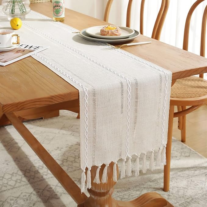 Wracra Rustic Linen Table Runner, Ivory Table Runners 36 inches Long | Raised - Image 5
