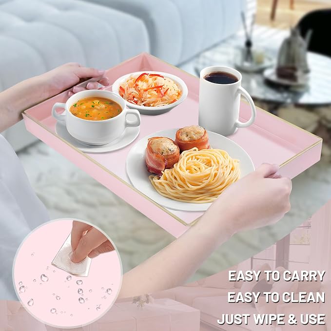 Pink Serving Tray with Handles, Plastic Decorative Tray Set of 2 | Pink - Image 4