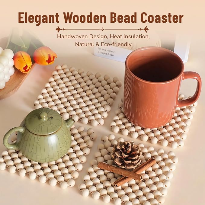 Wooden Bead Coaster, Natural Wood, Square Shape, Boho Style, Table Surface - Image 7