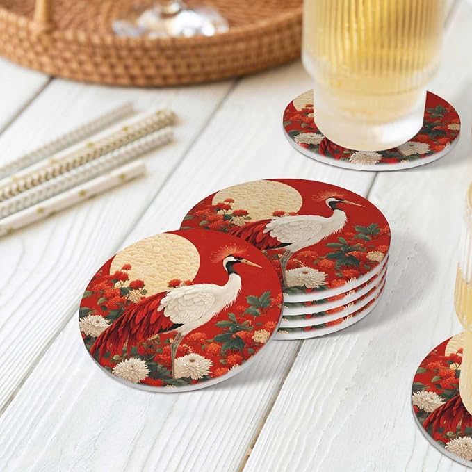 Crane Bird Flower Painting Coasters - Image 7