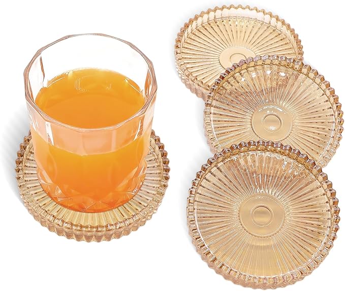 VIBRATITE 4 Inch Glass Coasters Set of 4, Amber Round Drink Coasters | by VIBRATITE