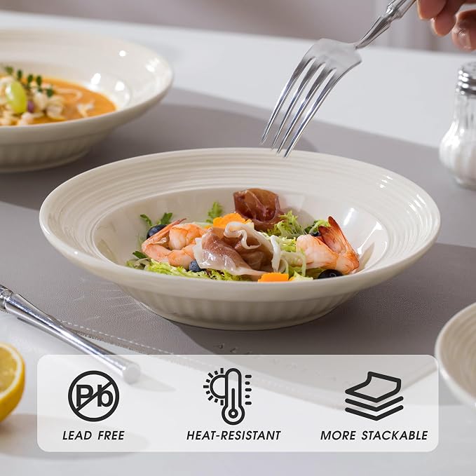 Wide Rim Soup Bowls Set of 4, 11 oz, 8 Inch Cream Beige | Shallow wide rim bowls - Image 9