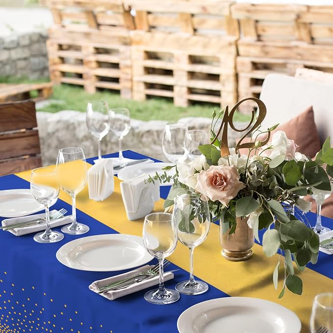 24Pack Disposable Plastic Tablecloths and Satin Table Runner Set Blue and Gold - Image 7