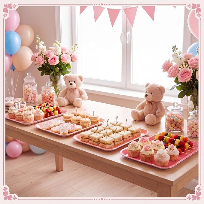 4 Pieces Pink Serving Trays Pastel Melamine Platters Reusable Rectangle Party - Image 4