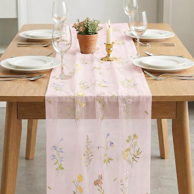 Artoid Mode 6PC Wildflower Floral Light Pink Gauze Embroidery Table Runner 120 - Image 3