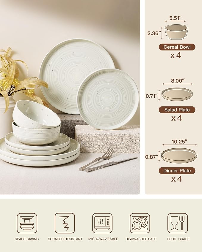 Stoneware Dinnerware Sets for 4, Plates and Bowls, Cream | 12-Piece Ceramic - Image 7