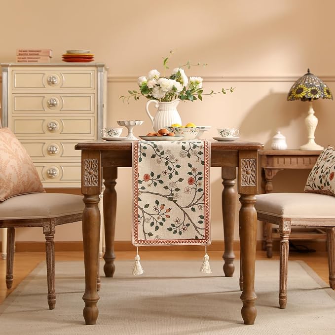 Designer French Linen Long Table Runner, Floral Pattern, Dining Table, Kitchen - Image 3