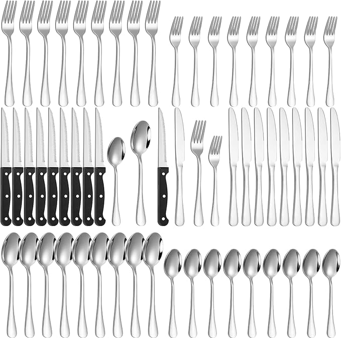 60-Piece Silverware Set with Steak Knives Stainless Steel Flatware Set by Lazycorner