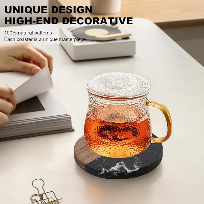 Marble Coasters: 4-Piece Set of Acacia Wood Marble Coasters, Suitable - Image 5
