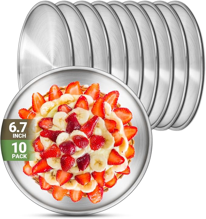 Stainless Steel Plates, 10 Set 6.7 inch 304 Metal Food Serving Plate, Reusable by Offiper