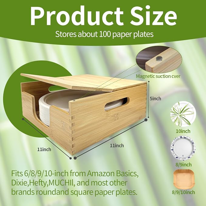 Bamboo Paper Plate Storage, Paper Plate Holders and Dispenser, fit - Image 3