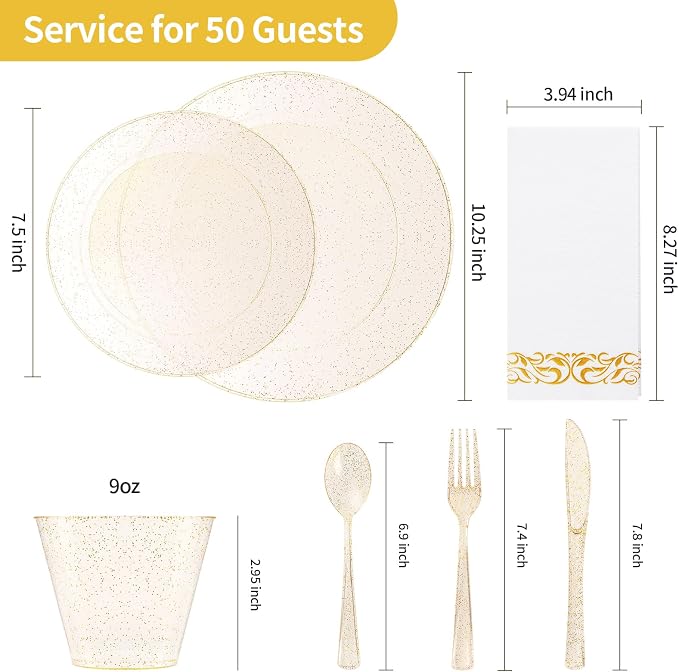 350 Pieces Gold Glitter Disposable Dinnerware Set - Image 4