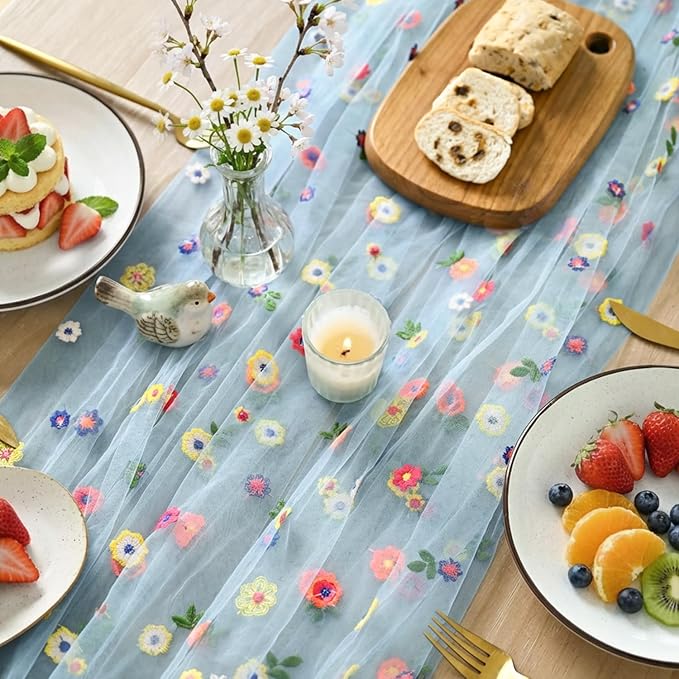 Artoid Mode Blue Embroidery Daisy Gauze Table Runner 120 Inch 10FT | Seasonal - Image 3