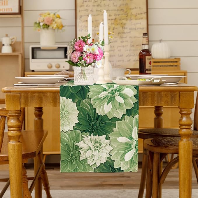 Green Dahlia Flower Table Summer Runner Sage Green Burlap Table Runners - Image 3
