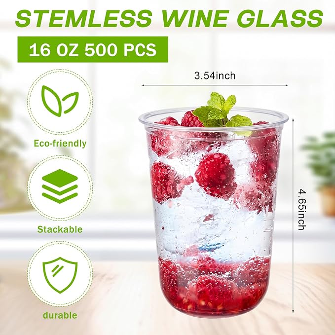 Ziliny 500 Pcs Disposable Stemless Glasses 16oz Crystal Plastic Wine Glasses - Image 3