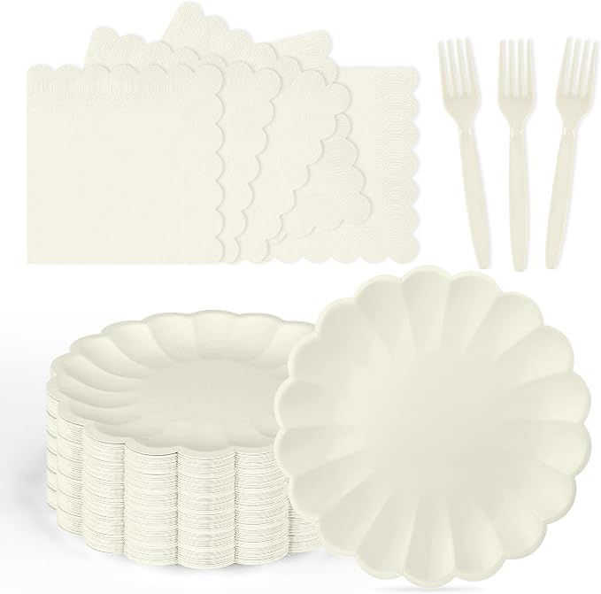 75 Pcs Ivory Paper Plates and Napkins Disposable Tableware Set Include Cream by Unknown