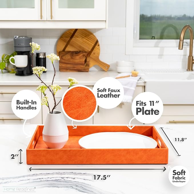 Home Redefined 17.5"x12" Rectangle Orange Faux Leather Decorative Tray | - Image 3
