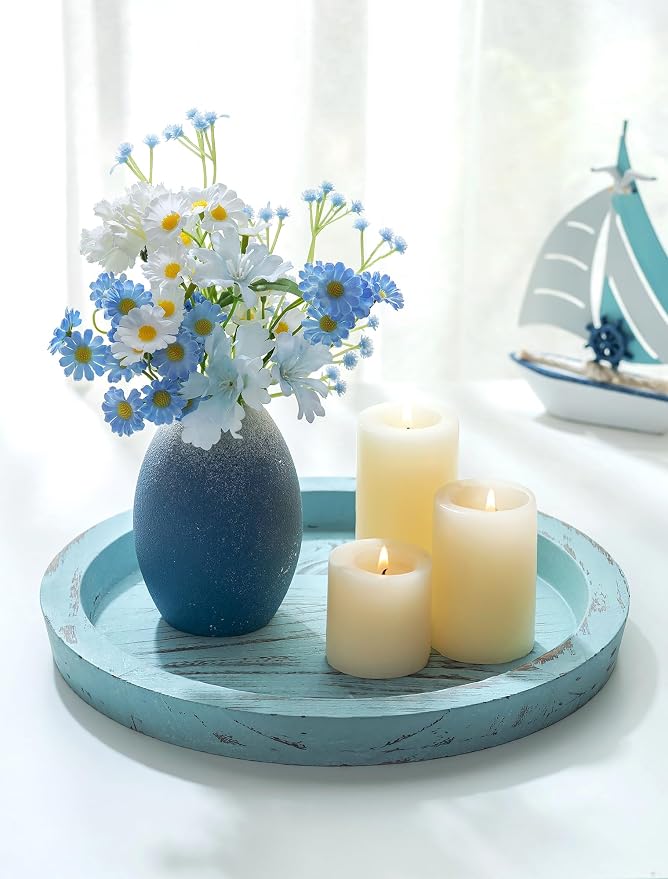 Hanobe Round Wood Candle Holder Tray, Ocean Blue Coastal Coffee Table Decor | by Hanobe