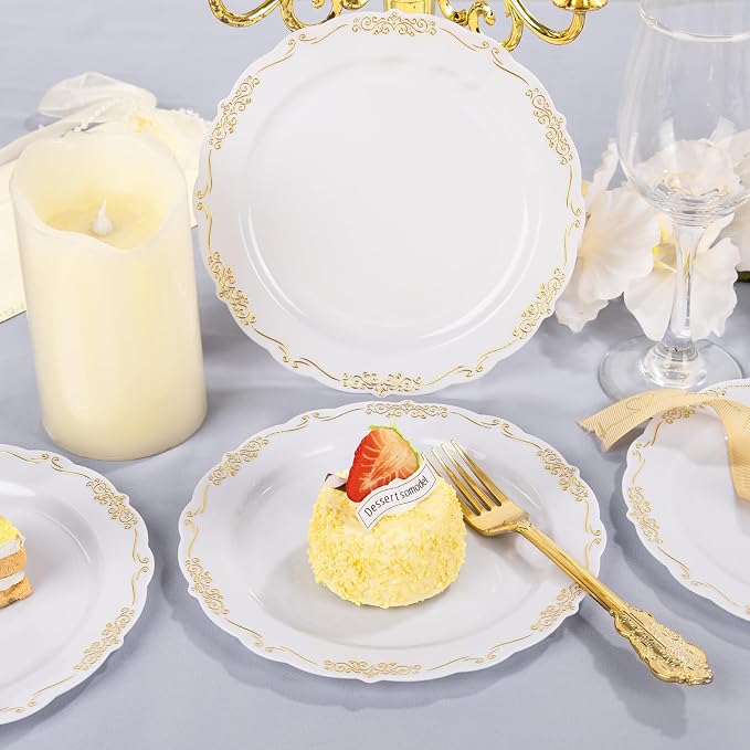 DaYammi 60PCS White and Gold Plastic Plates, Disposable Heavy Duty Plates - Image 6