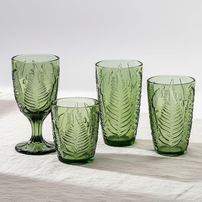 Green Drinking Glasses Set of 4, 10 oz Glass Cups, Vintage Fern Glassware | - Image 9