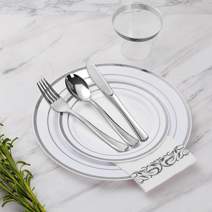 175 Pcs Silver Dinnerware Sets for 25 Guests, Disposable Plate Set | Plastic - Image 4