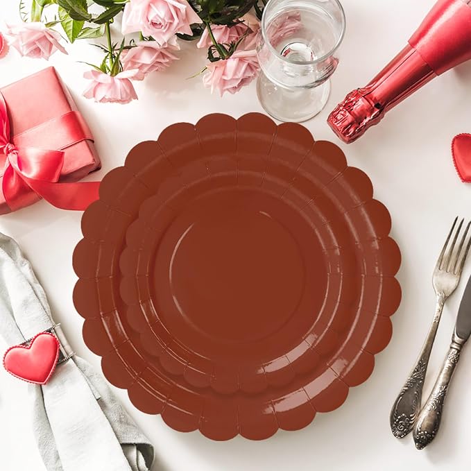 50 Pcs Brown Scalloped Paper Plates 25 × 7'' and 25 × 9'' Disposable Brown - Image 2