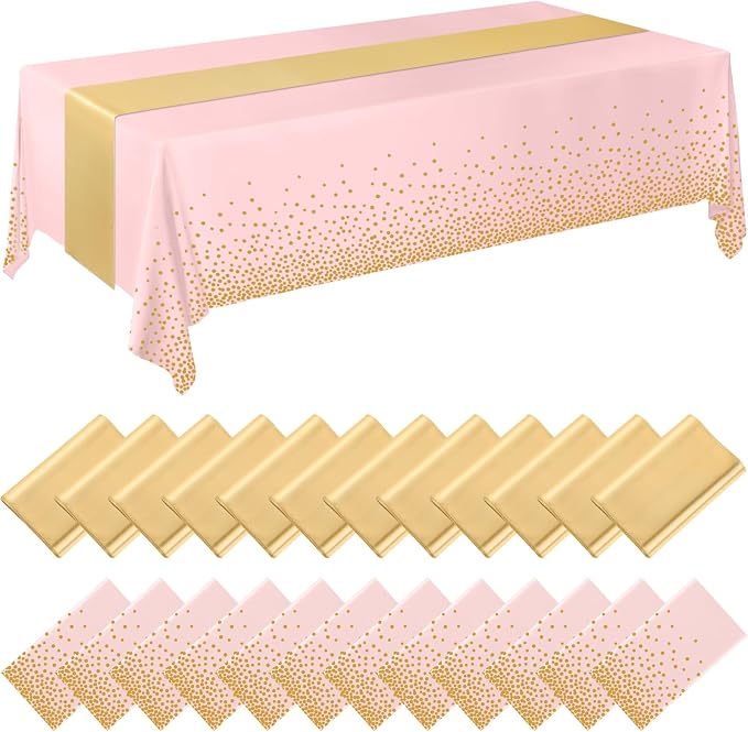 24 Pack Pink and Gold Disposable Plastic Tablecloths and Satin Table Runner Set by Breling