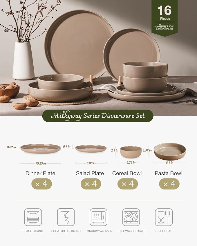 Famiware Milkyway 16-Piece Stoneware Plates and Bowls, Cinnamon Brown | - Image 2