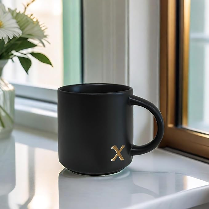 COLLECTIVE HOME Black Ceramic Coffee Mug, 15 oz Golden Monogram Tea Cup | - Image 5