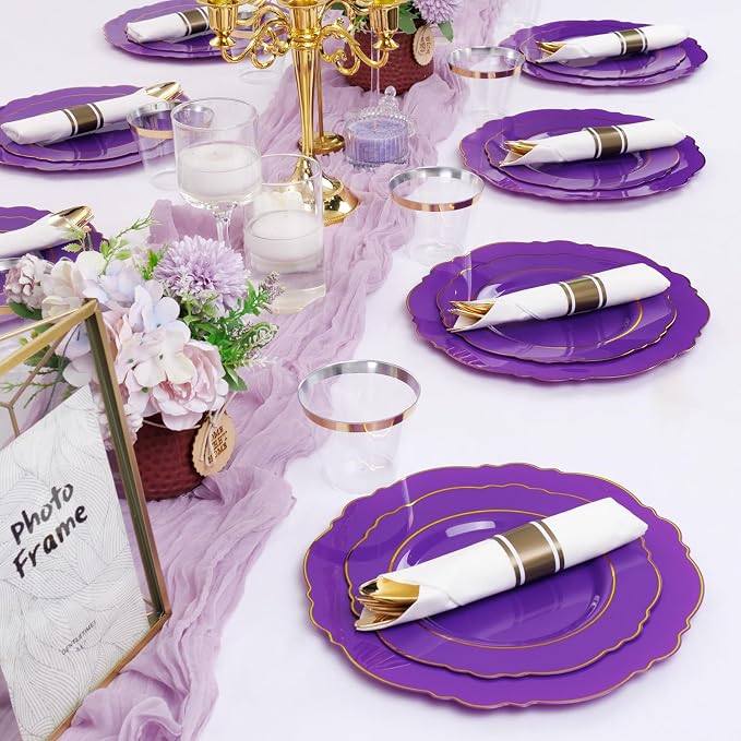 350PCS Purple Plastic Plates-Disposable Purple and Gold Plates 50 guest Baroque - Image 3