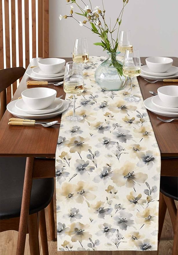 Watercolor Flower Table Runners 72 Inches Long, Cotton Linen Fabric Table - Image 2