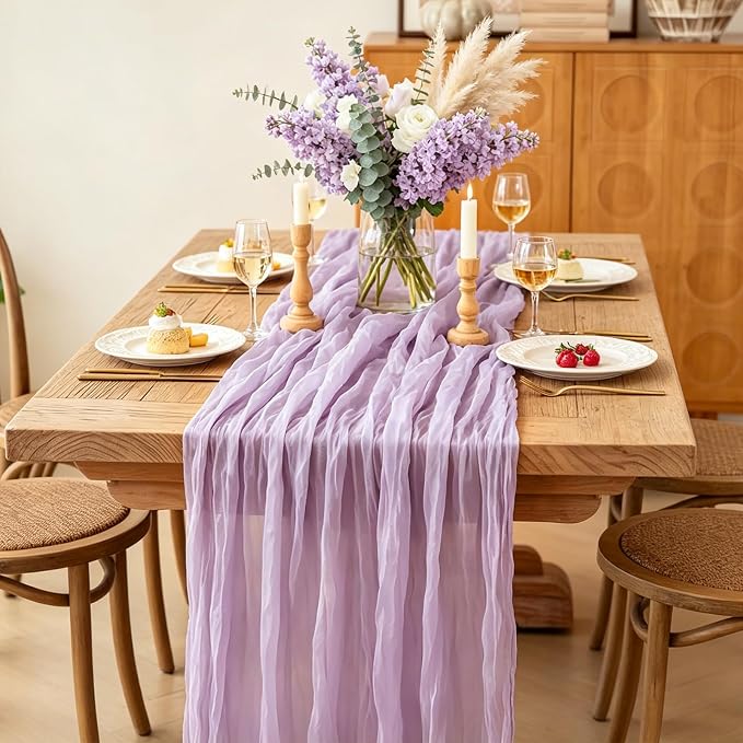 3Pcs Lilac Table Runner, 10FT Rustic Gauze Lavender Table Runner 35*120inch - Image 3