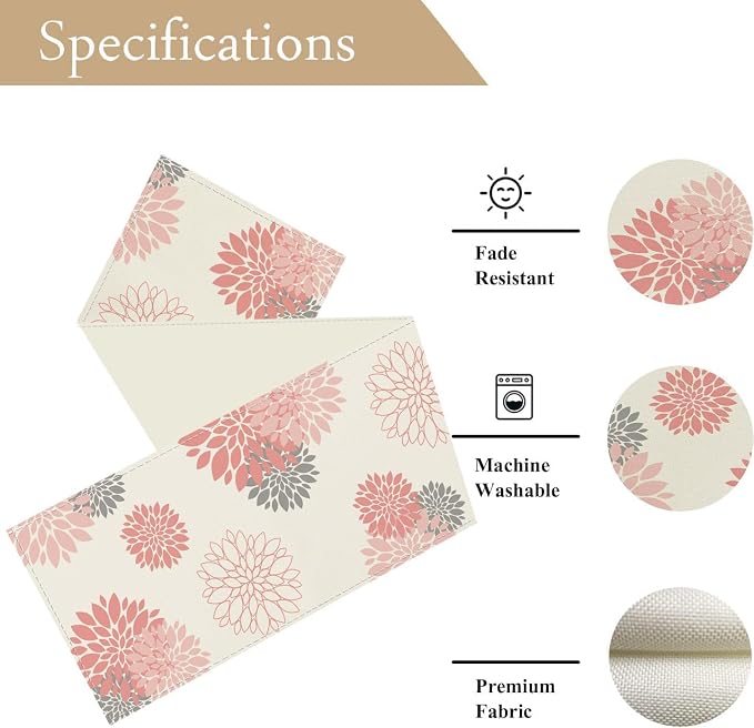 Pink Gray Table Runner Dahlia Pinnata Flower Beige Table Runners Modern Elegant - Image 6