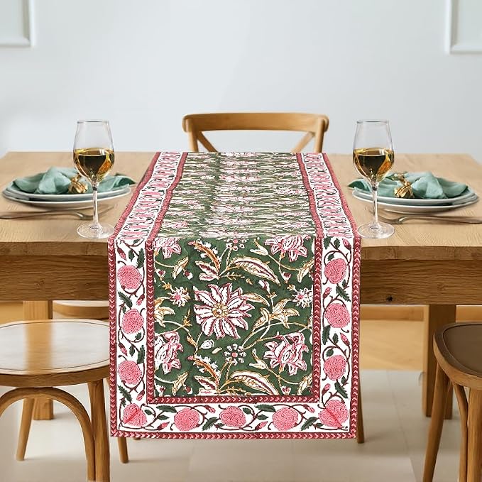 Hunter Green Hand Block Print 100% Cotton Reusable Table Runner 16" X 70" by Ridhi