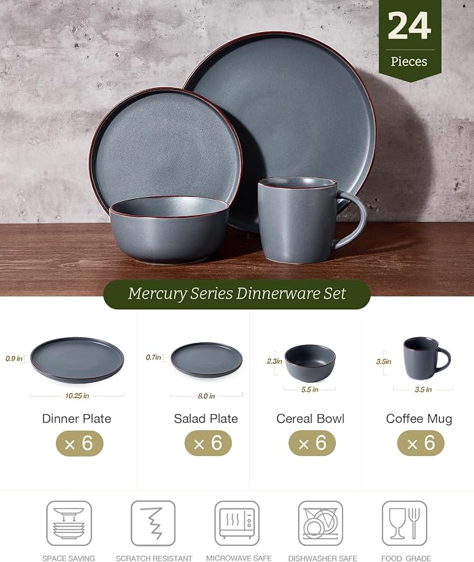 Famiware Mercury 24-Piece Stoneware Plates and Bowls, Charcoal | Dinnerware Set - Image 2