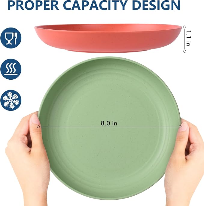 HOTEC 8-Pack 8inch BPA Free Unbreakable Deep Plastic Plates, Wheat Straw - Image 2